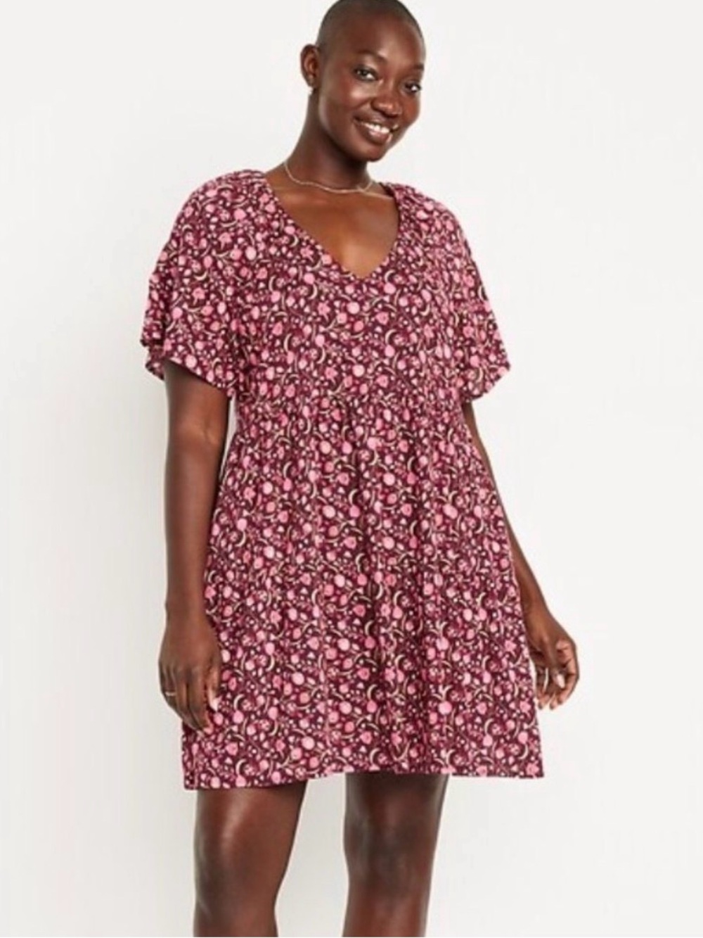 Old Navy Floral V-Neck Dress in Burgundy and Pink
